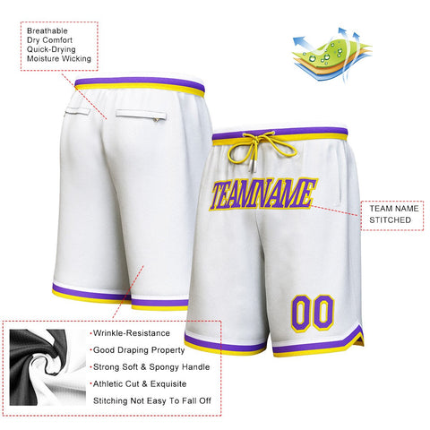 Custom White Purple-Yellow Personalized Basketball Shorts