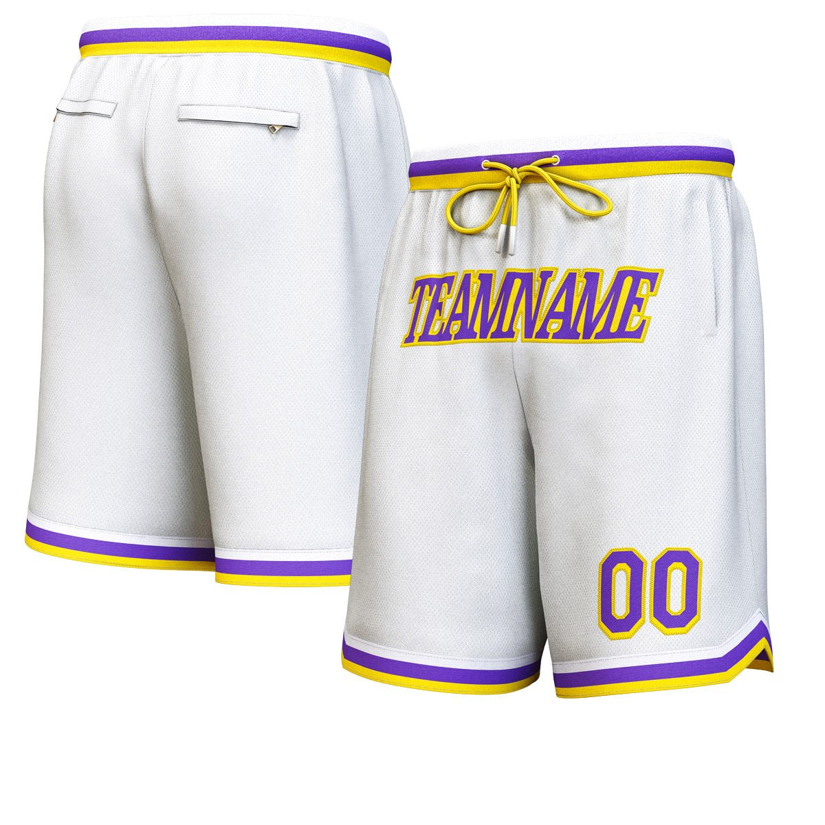 Short de basket personnalisé blanc violet-jaune personnalisé