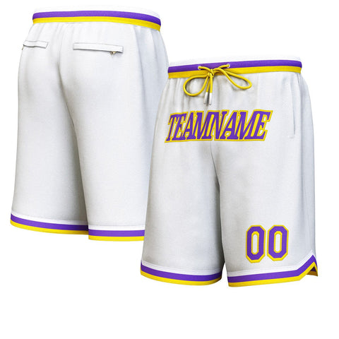 Custom White Purple-Yellow Personalized Basketball Shorts