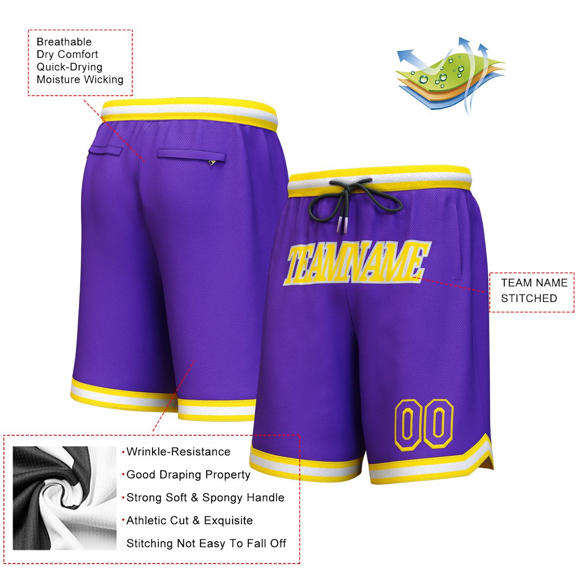 Short de basket personnalisé violet jaune-blanc personnalisé