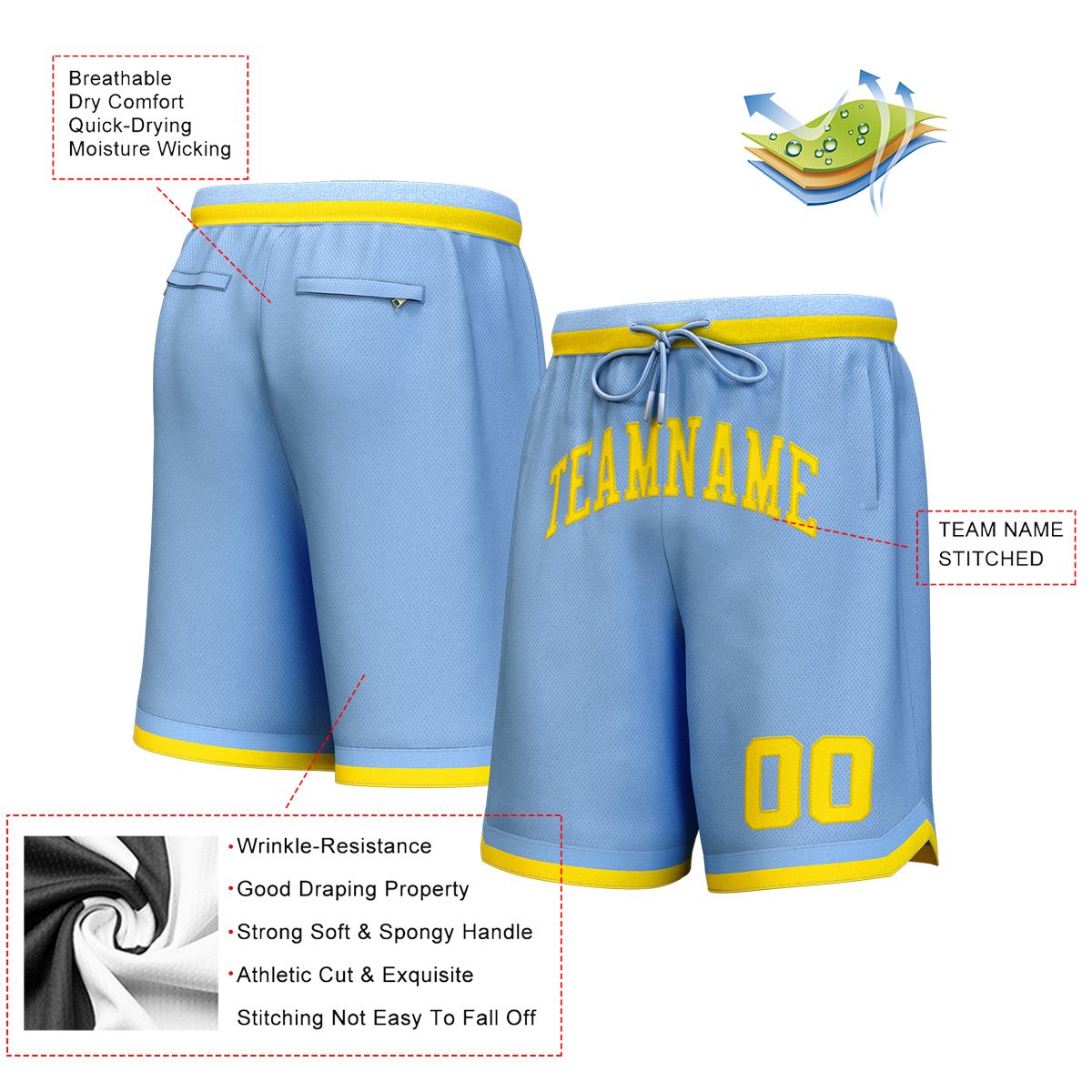 Short de basket personnalisé bleu clair jaune personnalisé