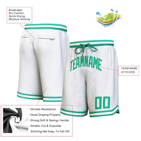 Custom White Green Personalized Basketball Shorts