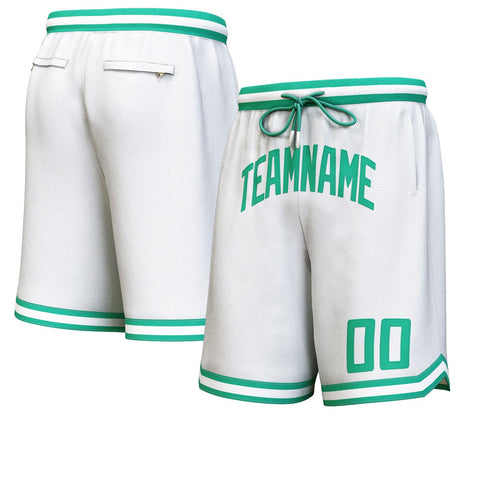 Custom White Green Personalized Basketball Shorts