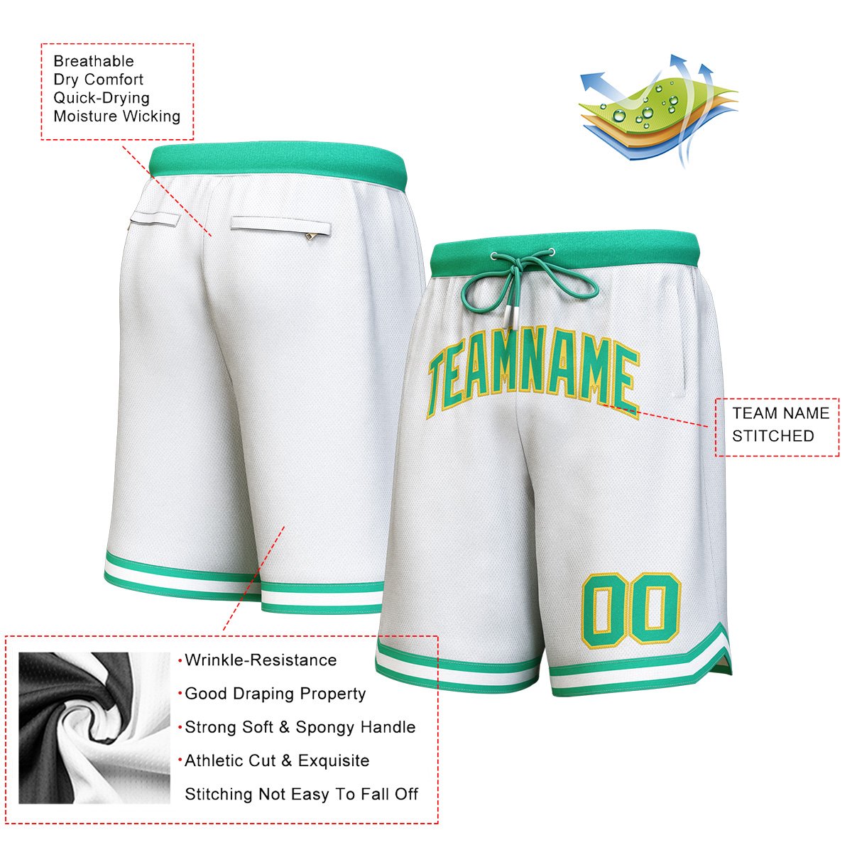 Short de basket personnalisé blanc vert-jaune personnalisé