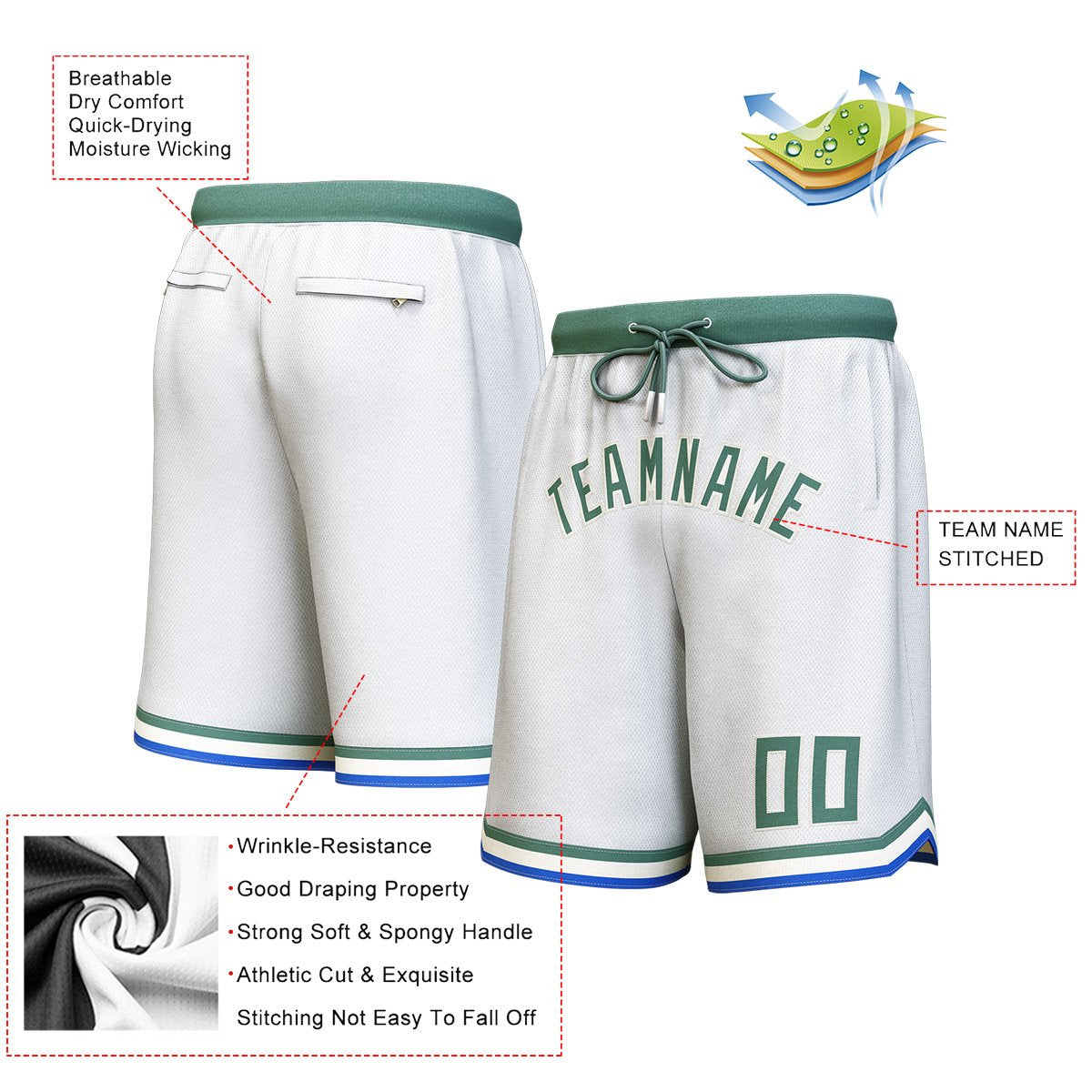 Short de basket-ball personnalisé blanc Hunter vert-crème personnalisé