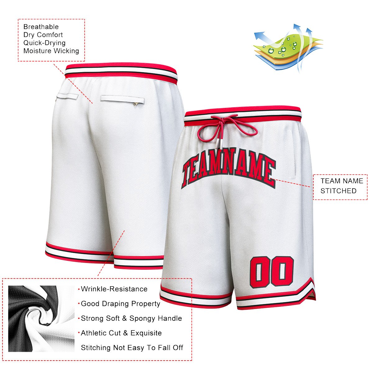 Custom White Red-Black Personalized Basketball Shorts