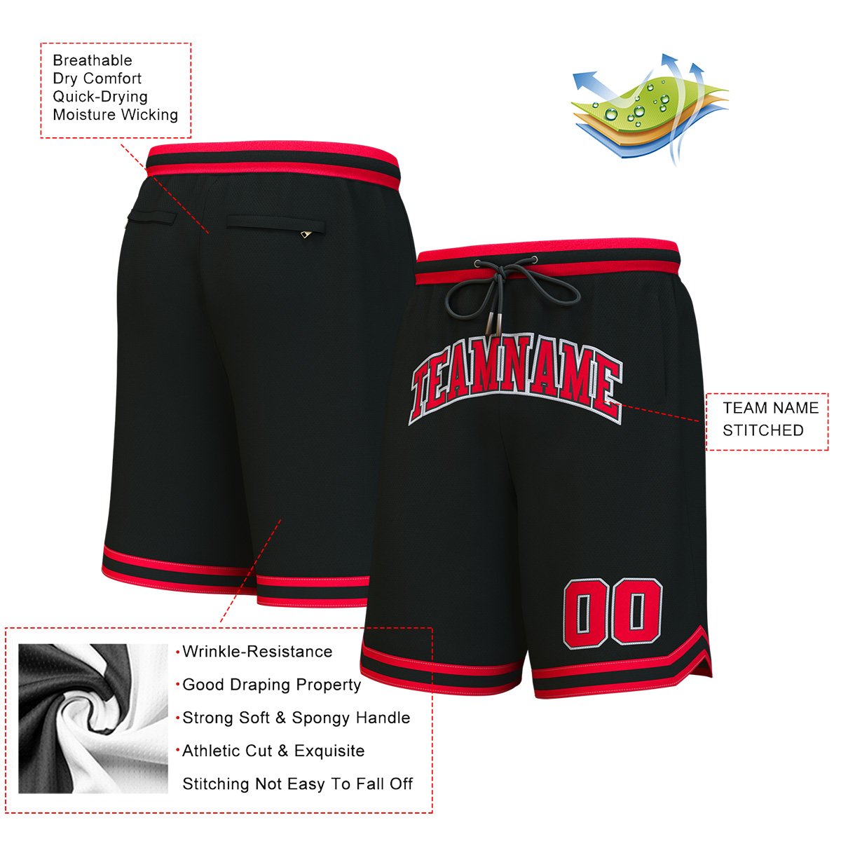 Custom Black Red-White Personalized Basketball Shorts