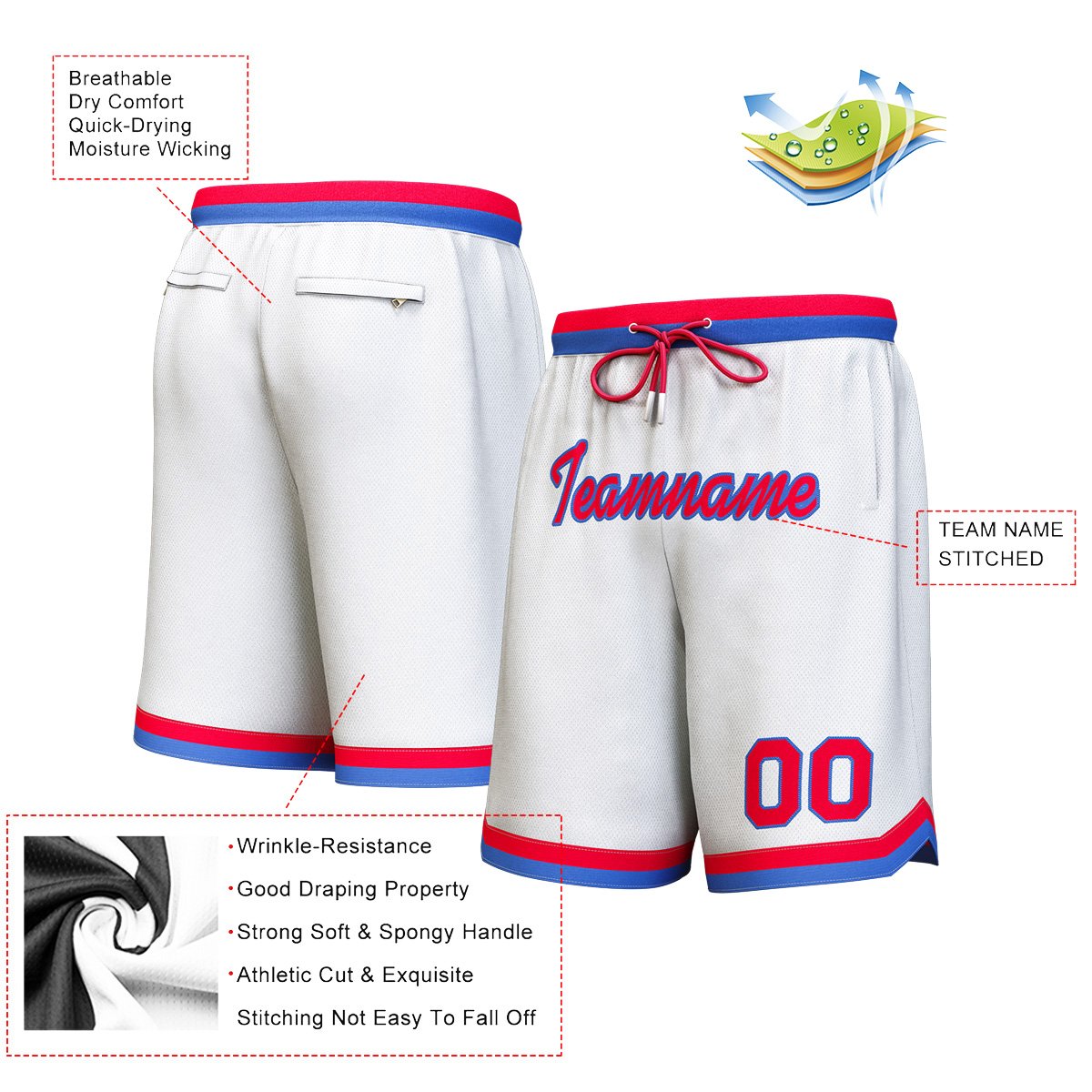 Custom White Red-Royal Personalized Basketball Shorts