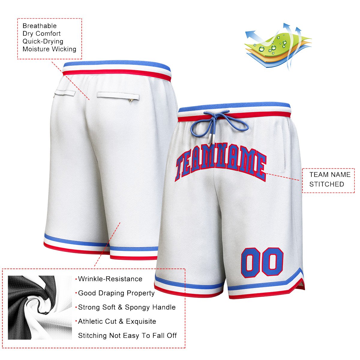 Custom White Royal-Red Personalized Basketball Shorts