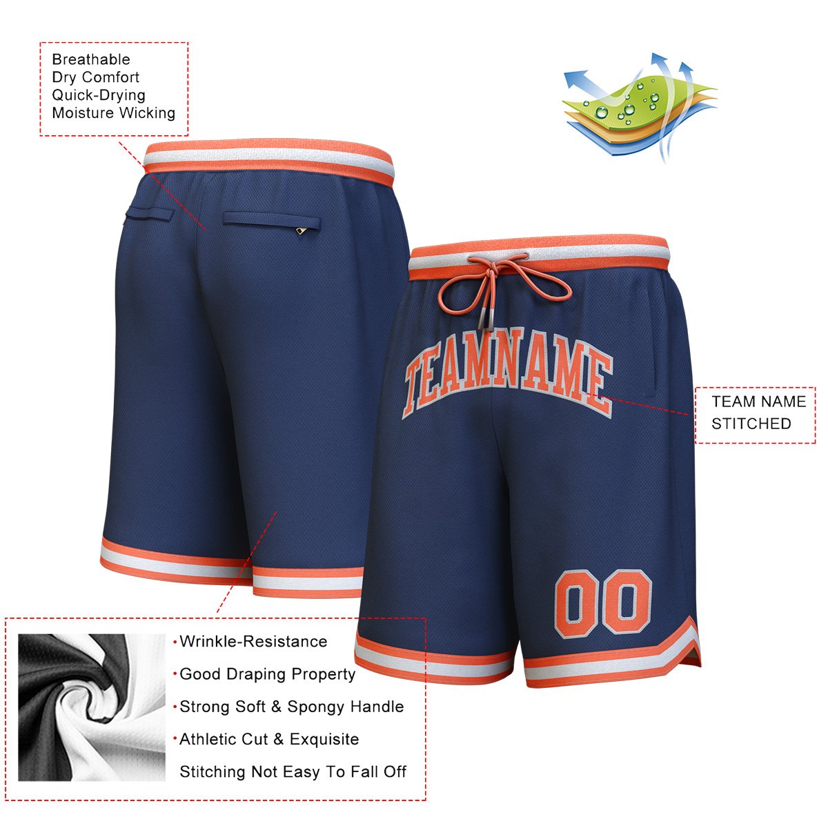 Short de basket personnalisé bleu marine orange-gris personnalisé