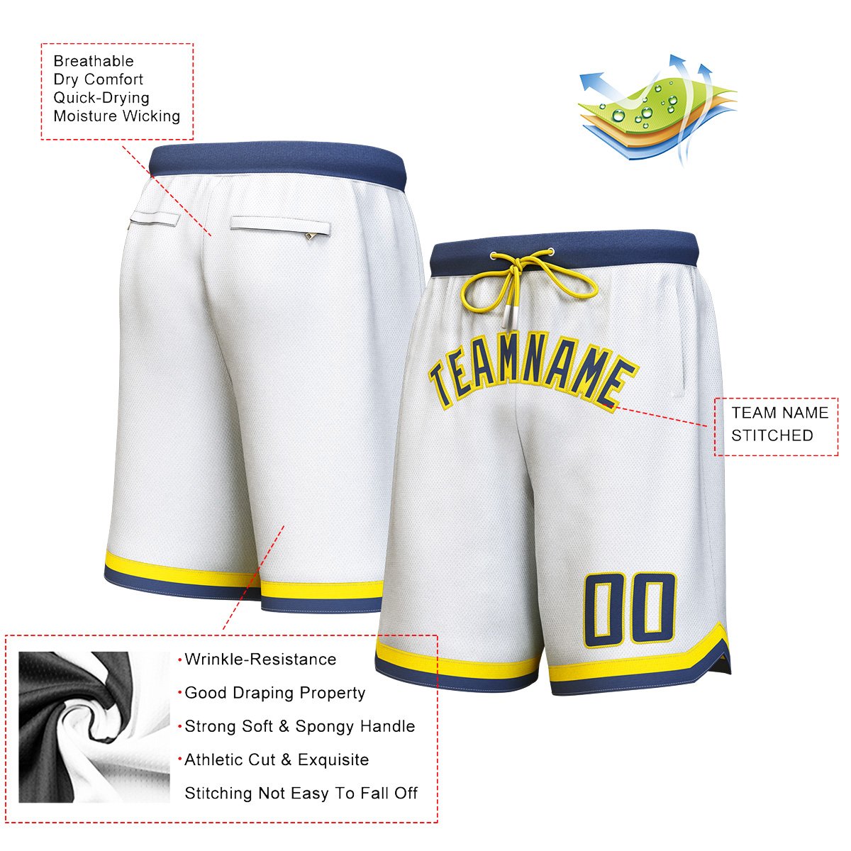 Short de basket personnalisé blanc marine-jaune personnalisé