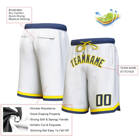 Custom White Navy-Yellow Personalized Basketball Shorts