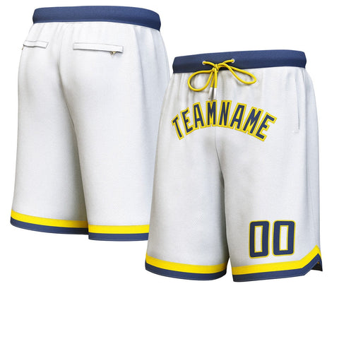 Custom White Navy-Yellow Personalized Basketball Shorts