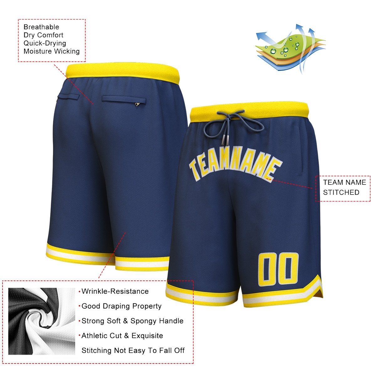 Short de basket personnalisé jaune-blanc marine personnalisé