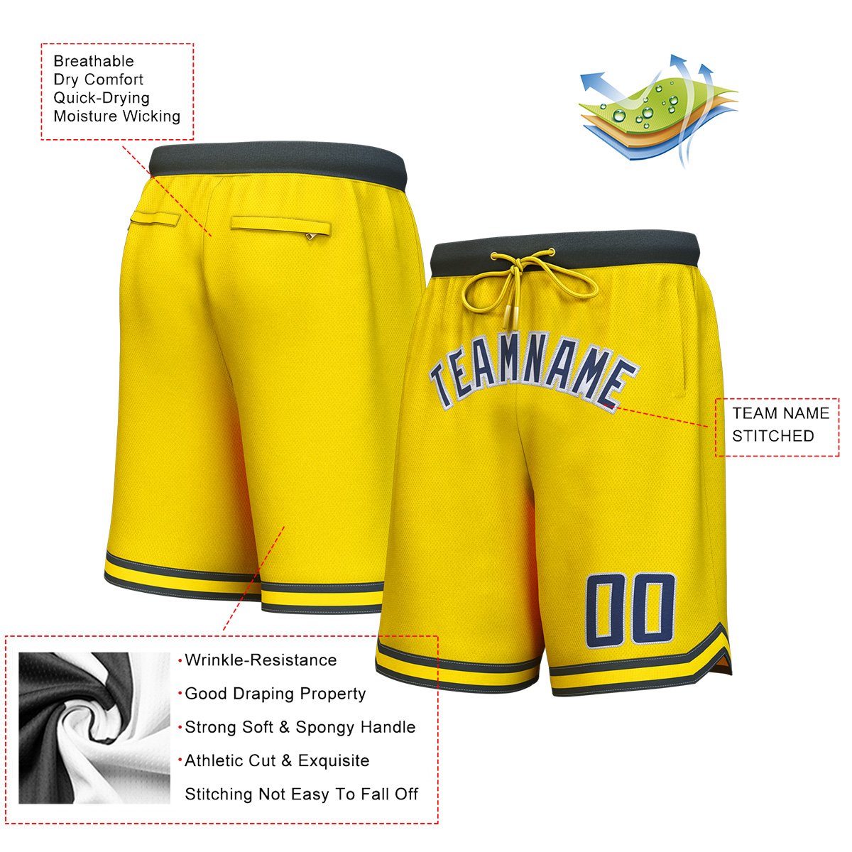 Short de basket personnalisé jaune marine-blanc personnalisé