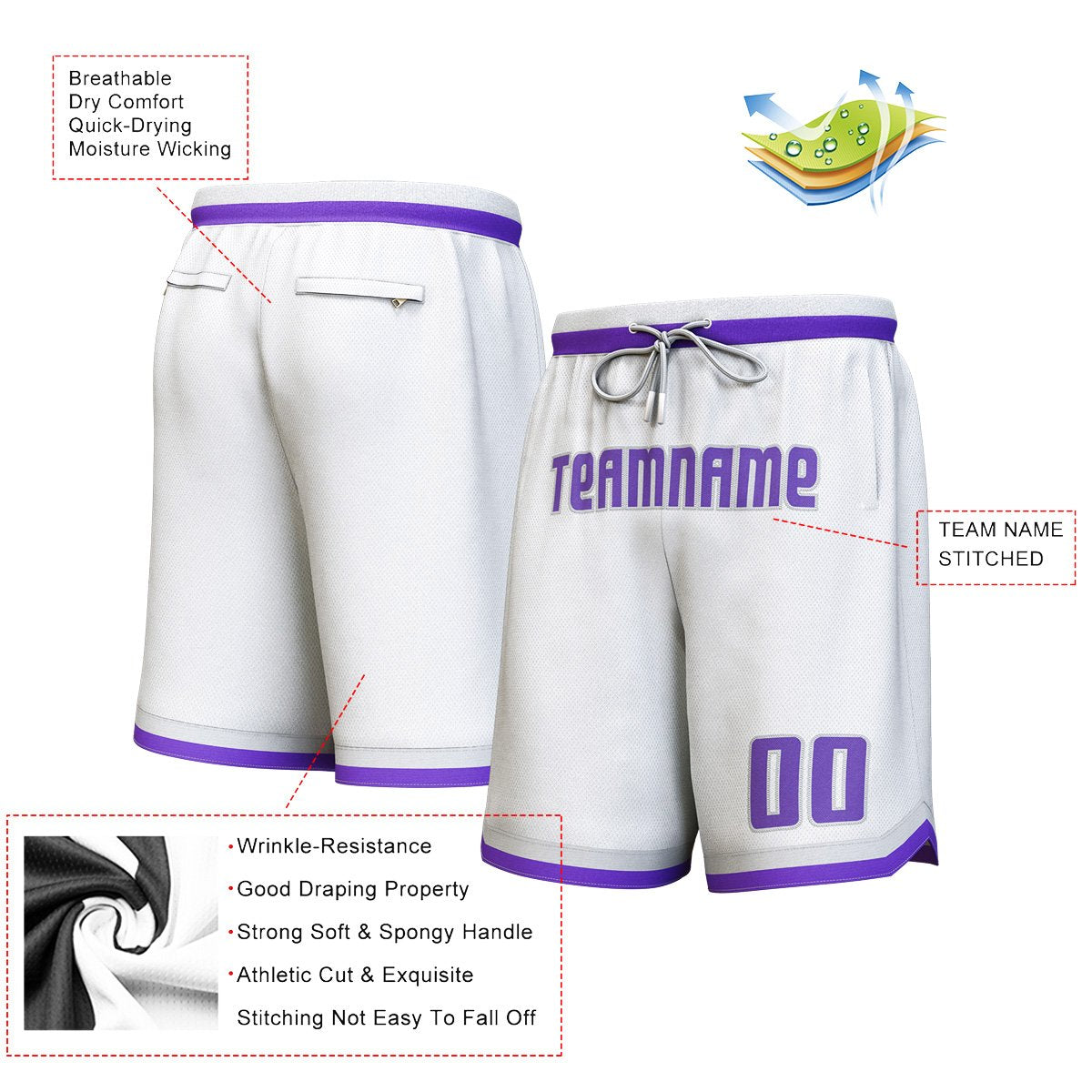 Short de basket personnalisé blanc violet-gris personnalisé