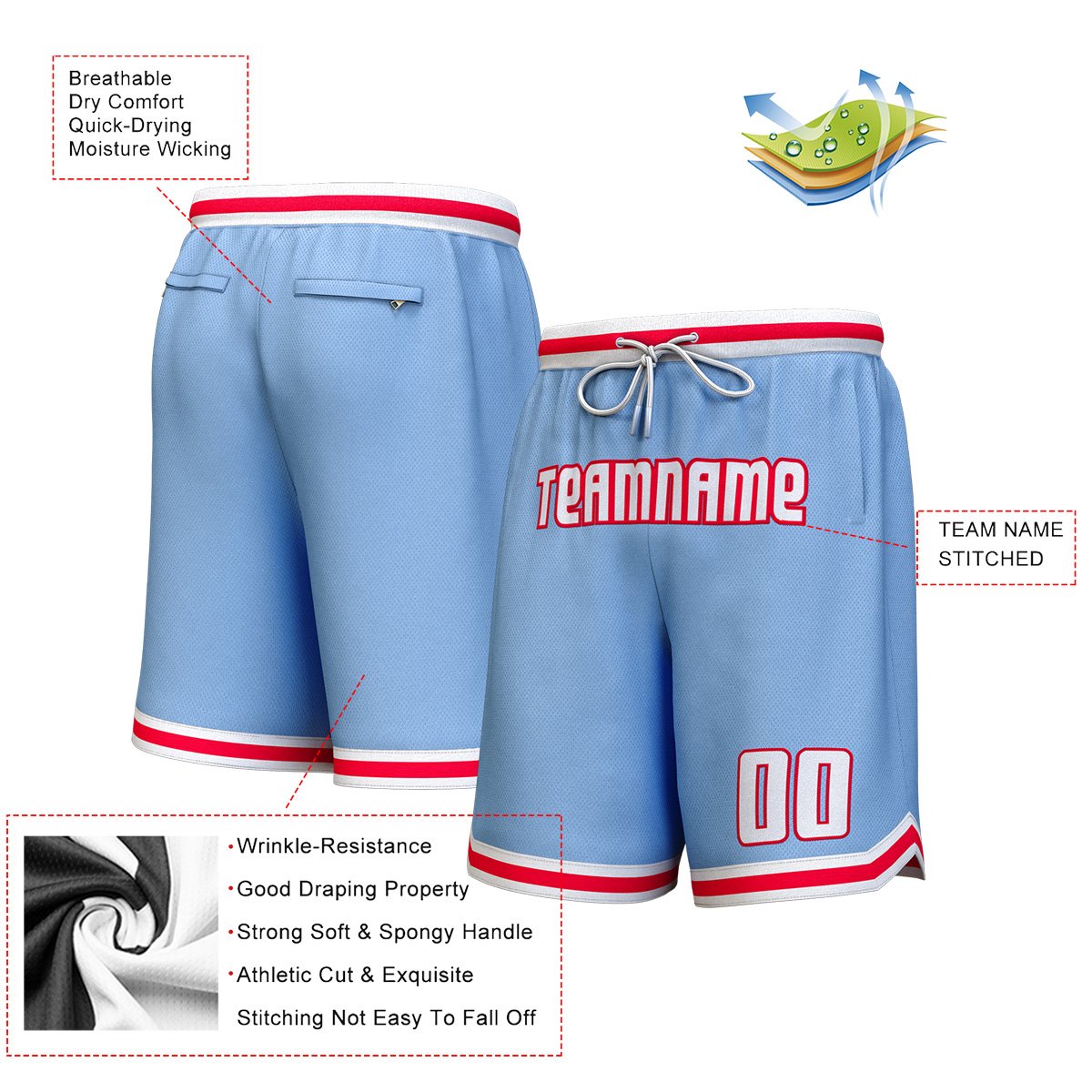 Custom Light Blue White-Red Personalized Basketball Shorts