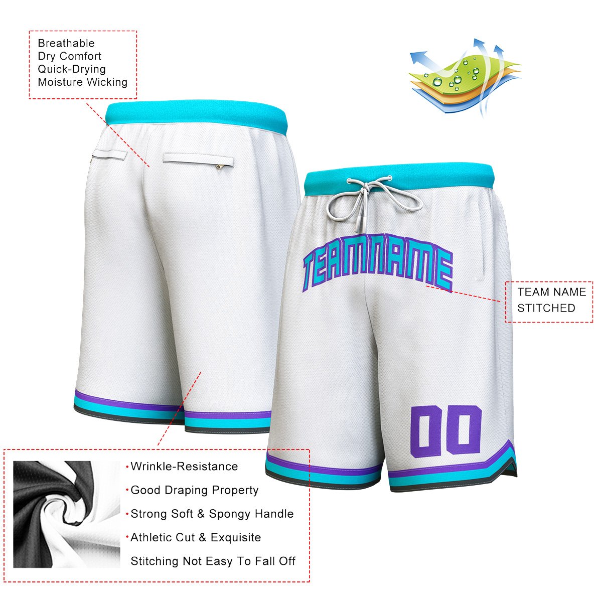 Custom White Teal-Purple Personalized Basketball Shorts