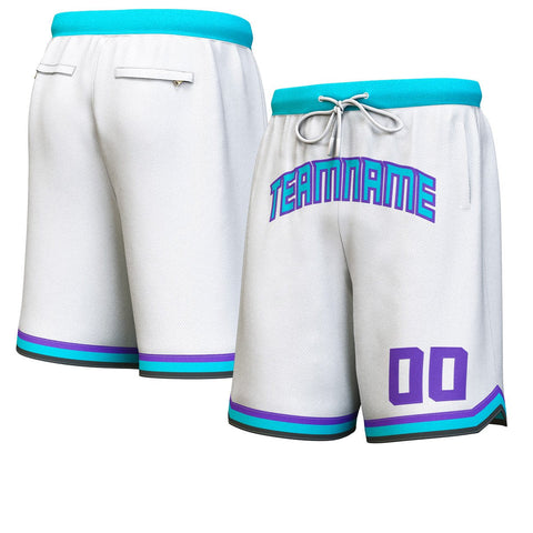 Custom White Teal-Purple Personalized Basketball Shorts