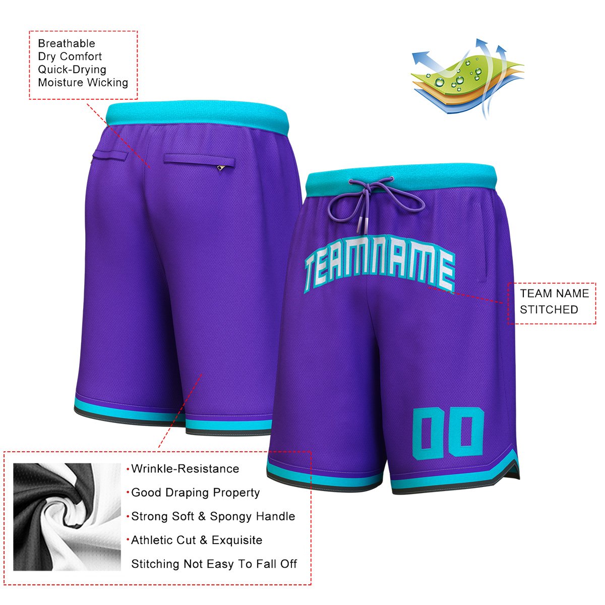 Short de basket personnalisé violet blanc-sarcelle personnalisé