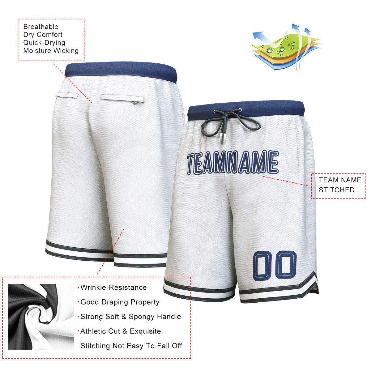 Short de basket personnalisé blanc bleu clair-marine personnalisé