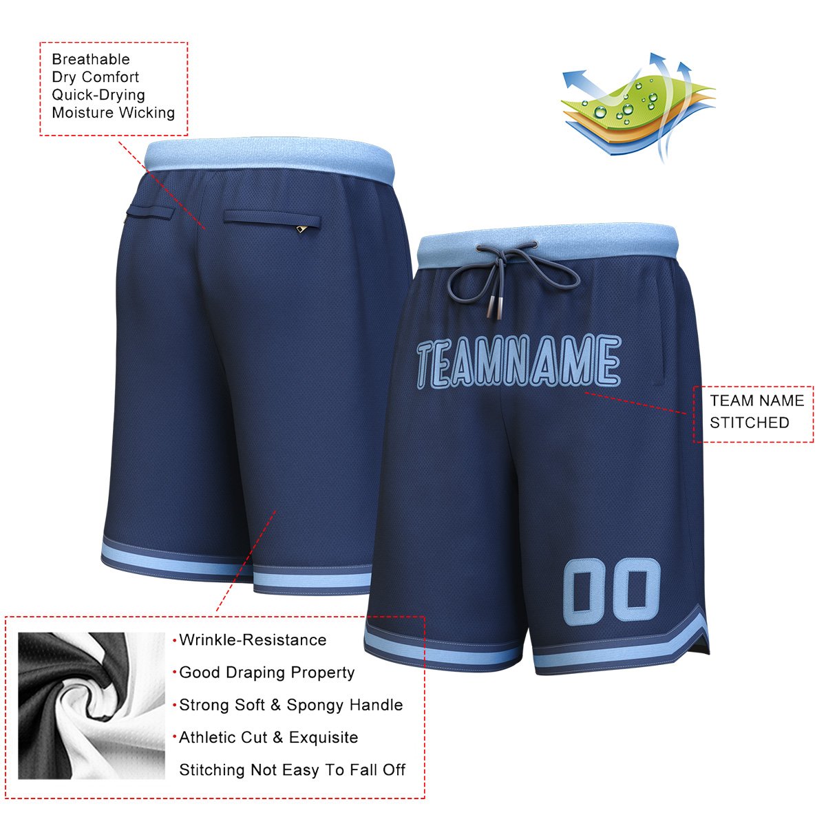 Custom Navy Navy-Light Blue Personalized Basketball Shorts