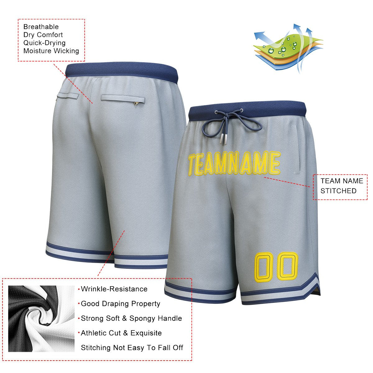 Short de basket personnalisé gris marine-jaune personnalisé