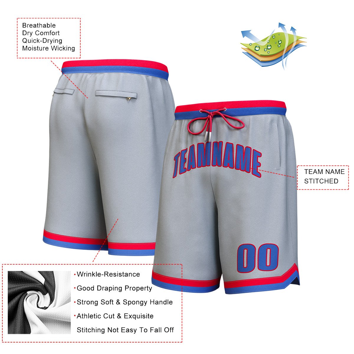 Custom Gray Royal-Red Personalized Basketball Shorts