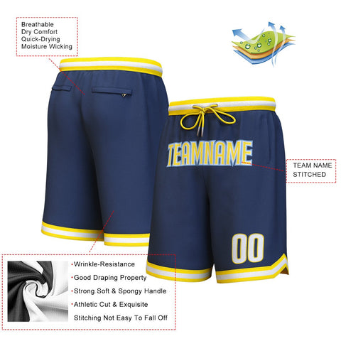 Custom Navy Yellow-Light Blue Personalized Basketball Shorts