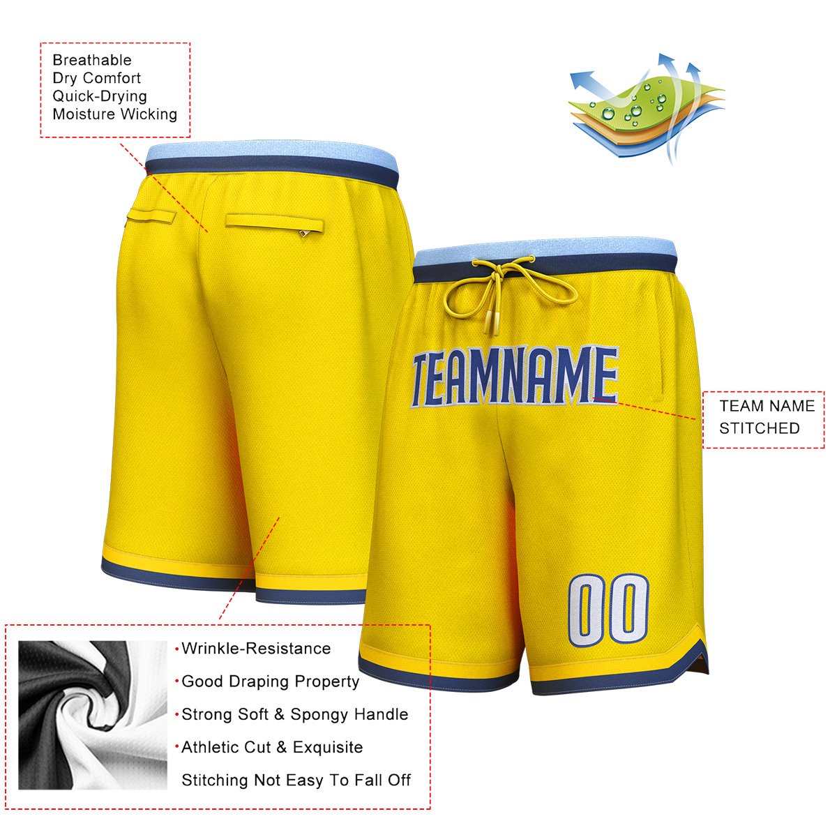 Short de basket personnalisé jaune marine-blanc personnalisé