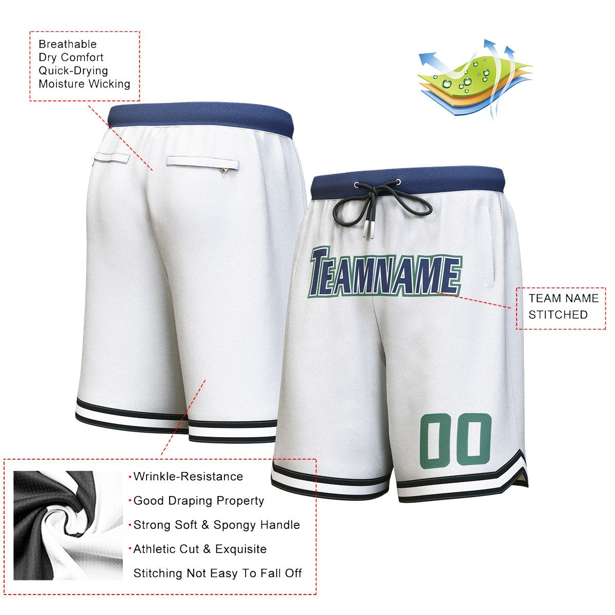 Short de basket-ball personnalisé blanc marine-hunter vert personnalisé