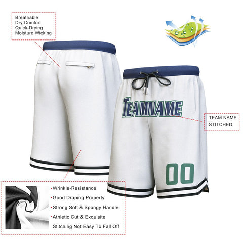 Custom White Navy-Hunter Green Personalized Basketball Shorts