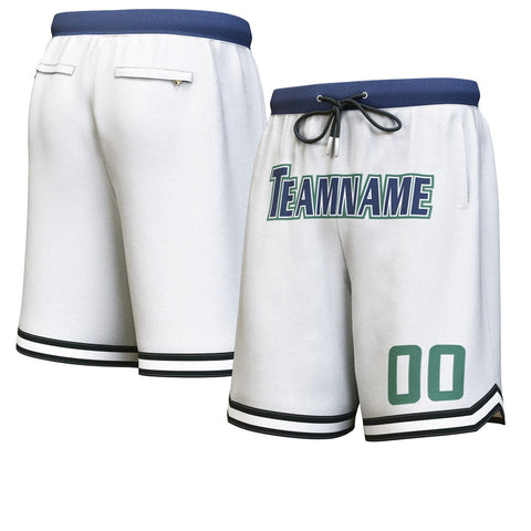 Custom White Navy-Hunter Green Personalized Basketball Shorts