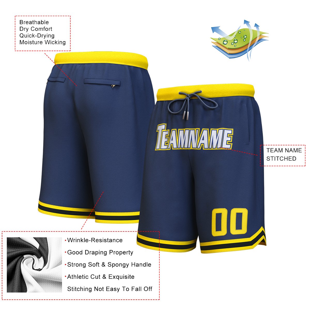 Short de basket personnalisé bleu marine blanc-jaune personnalisé