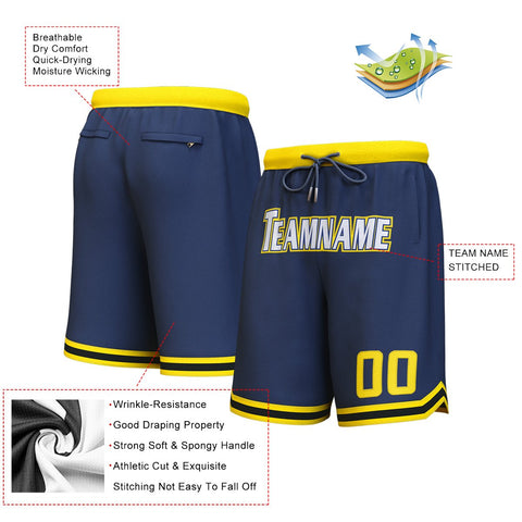 Custom Navy White-Yellow Personalized Basketball Shorts