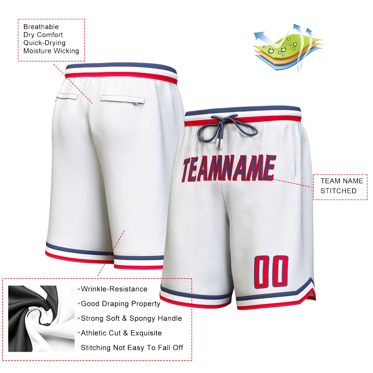 Short de basket personnalisé blanc marine-rouge personnalisé