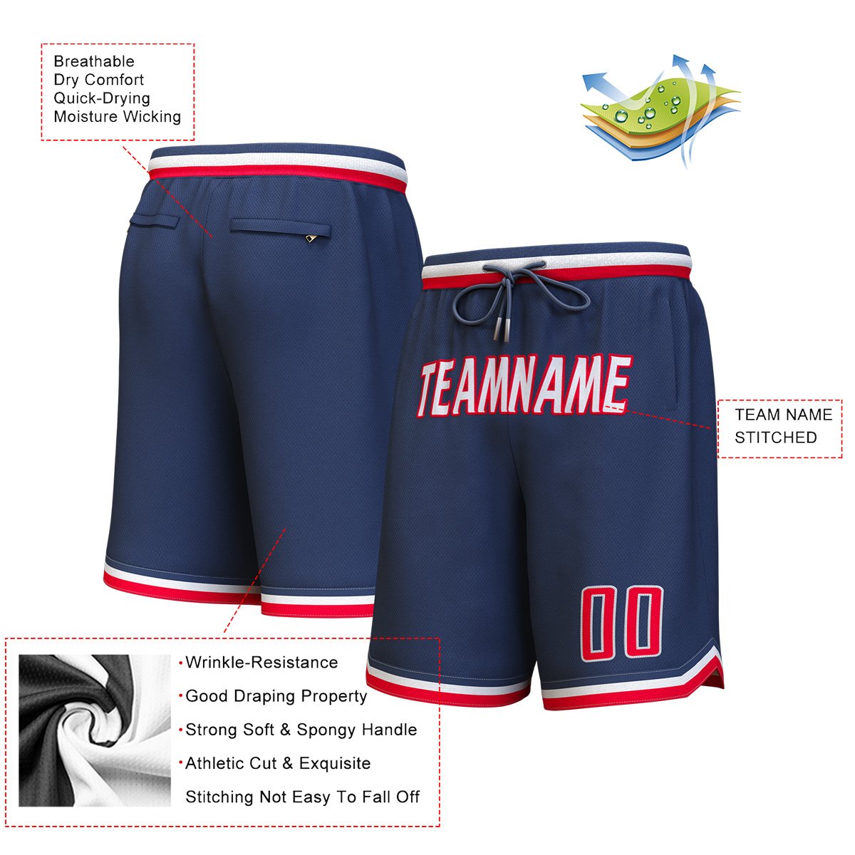 Short de basket personnalisé bleu marine blanc-rouge