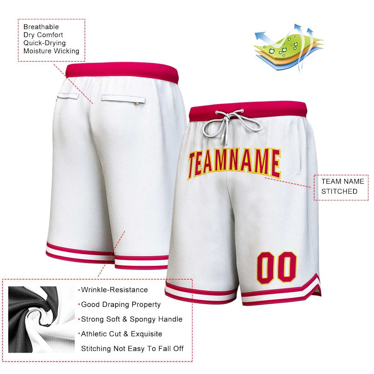 Custom White Maroon-Yellow Personalized Basketball Shorts