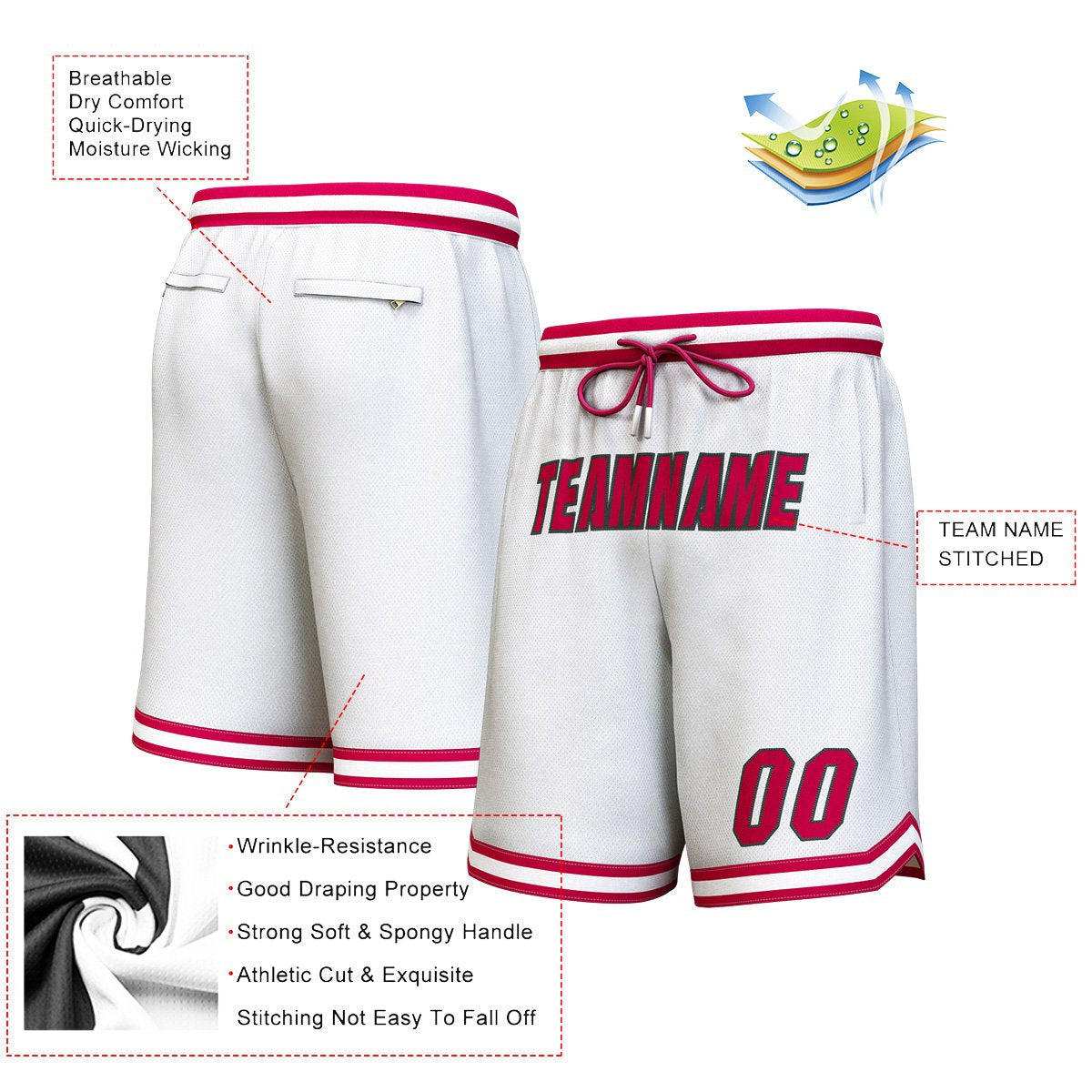 Custom White Maroon-Black Personalized Basketball Shorts