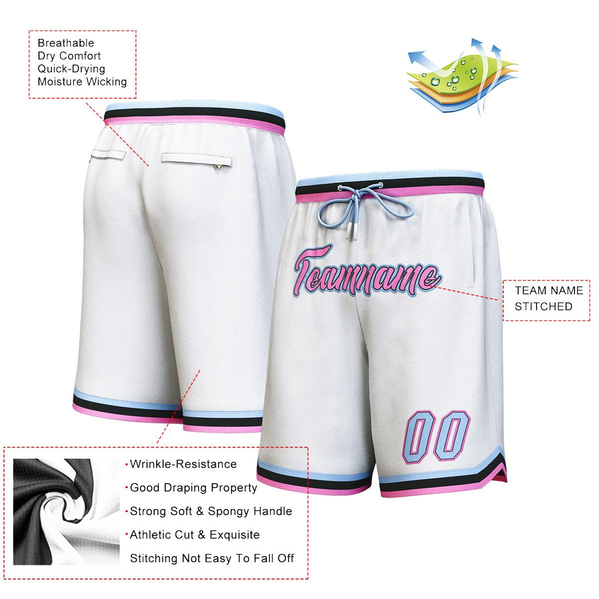 Custom White Pink-Light Blue Personalized Basketball Shorts