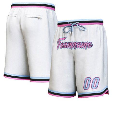 Custom White Pink-Light Blue Personalized Basketball Shorts