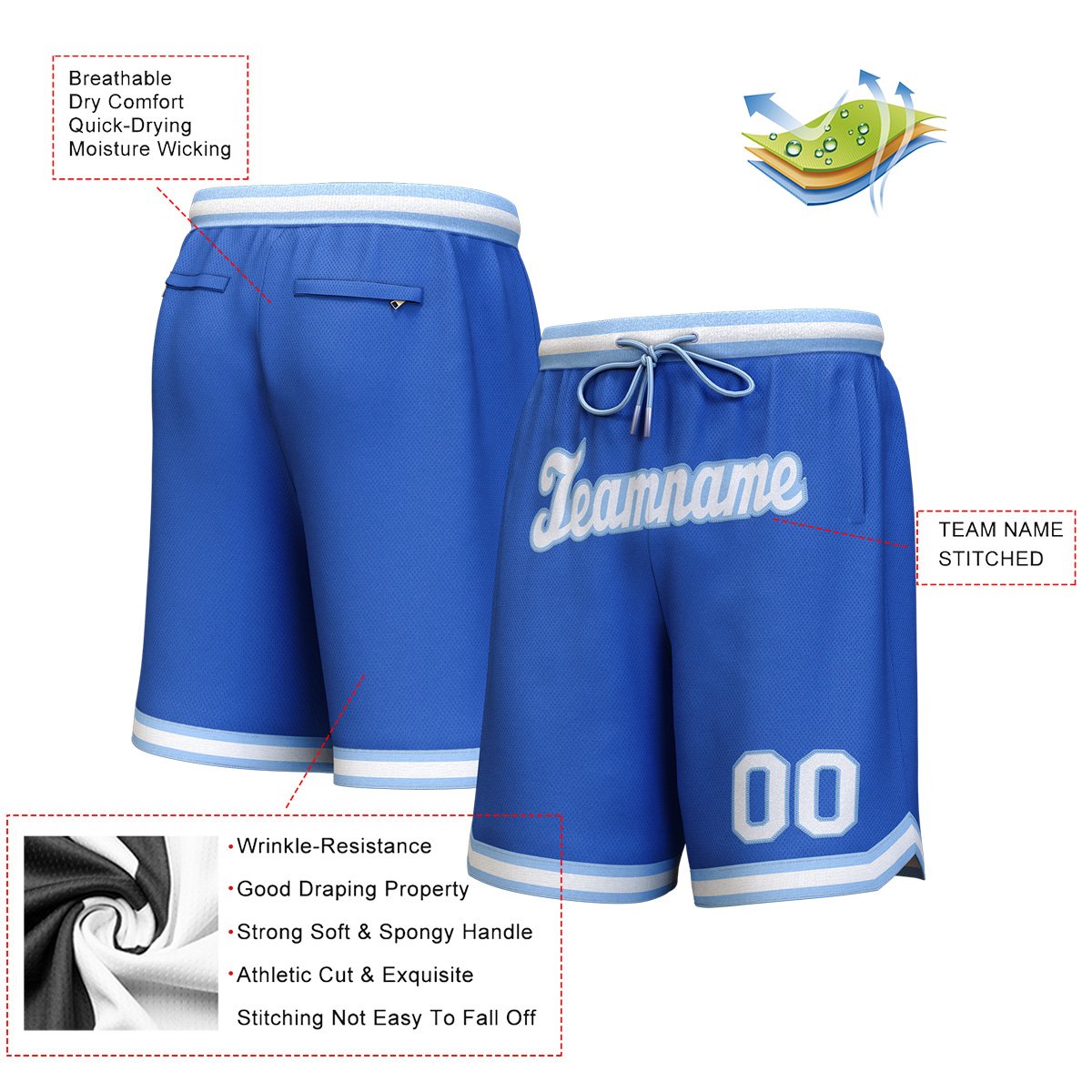 Custom Royal White-Light Blue Personalized Basketball Shorts