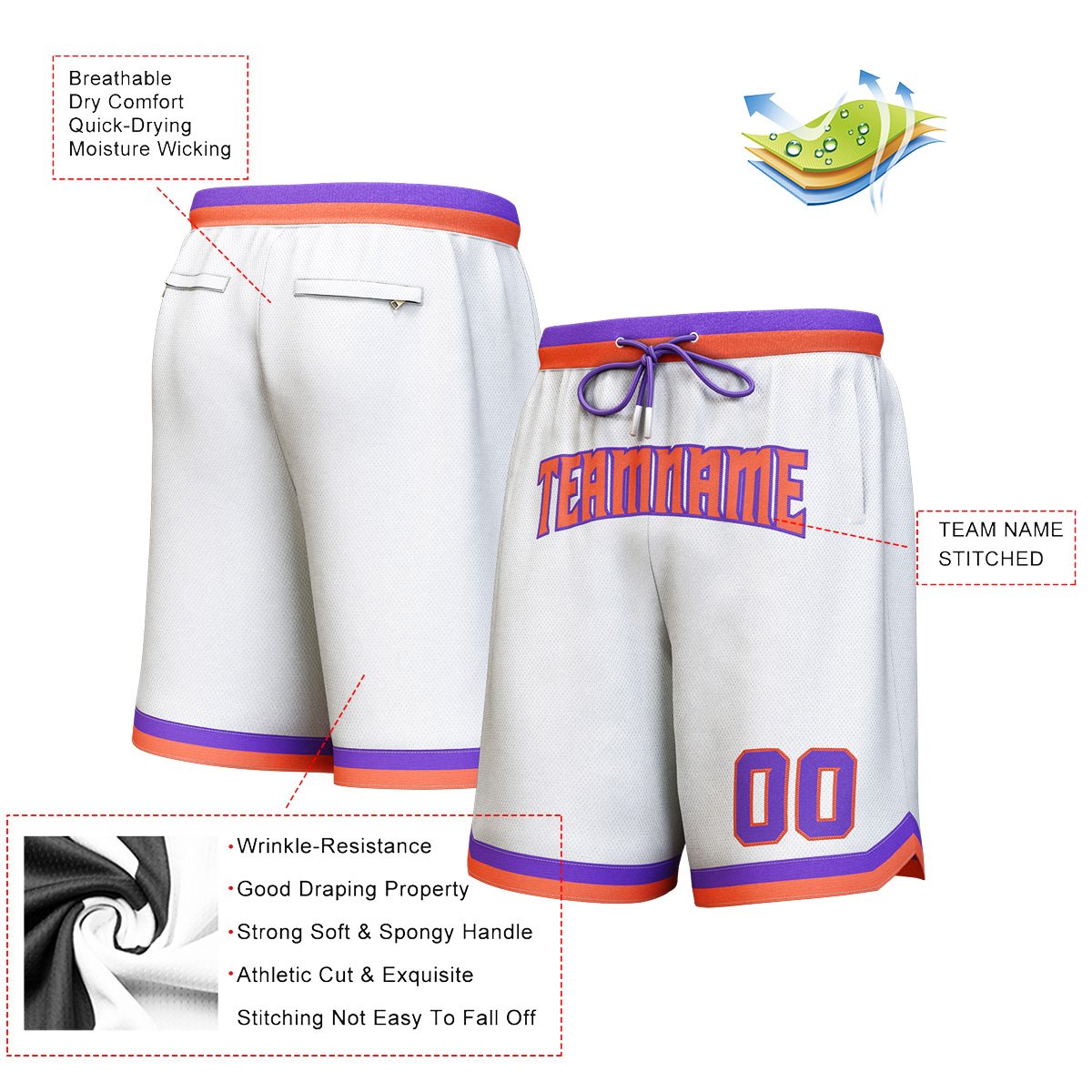 Short de basket personnalisé blanc orange-violet personnalisé