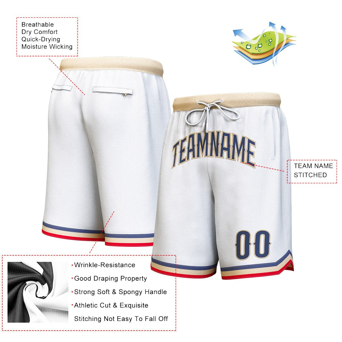 Short de basket-ball personnalisé blanc marine-vieil or personnalisé