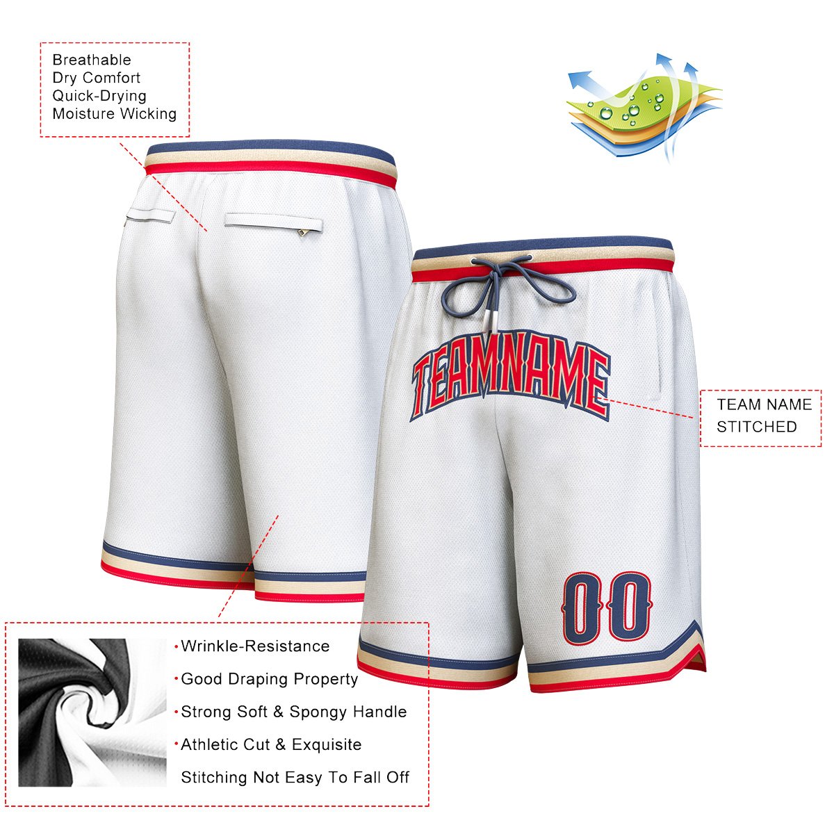 Custom White Red-Navy Personalized Basketball Shorts