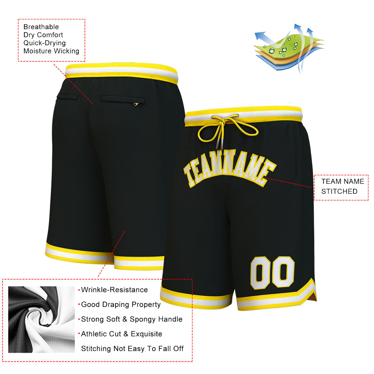 Custom Black Yellow-White Personalized Basketball Shorts