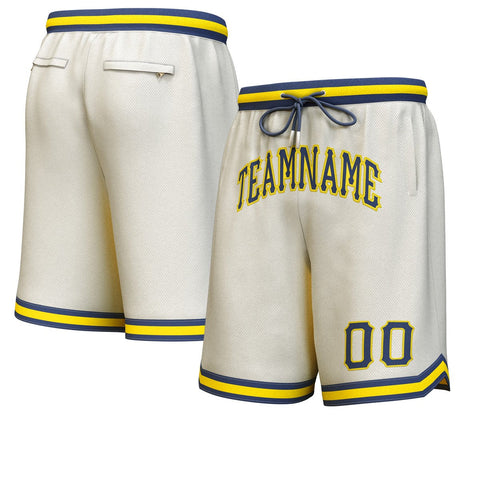 Custom Cream Navy-Yellow Personalized Basketball Shorts