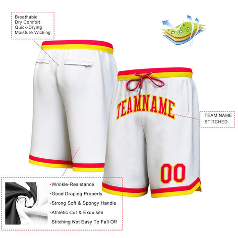 Custom White Red-Yellow Personalized Basketball Shorts