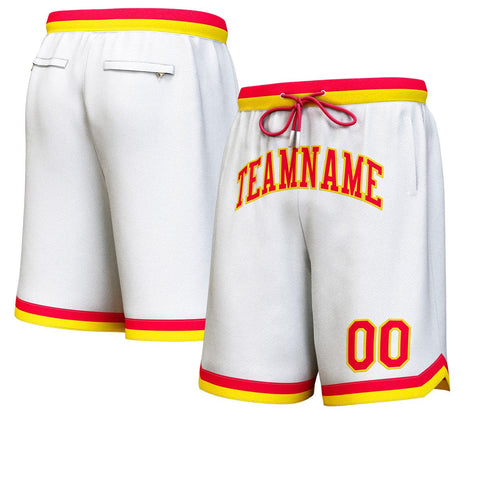 Custom White Red-Yellow Personalized Basketball Shorts