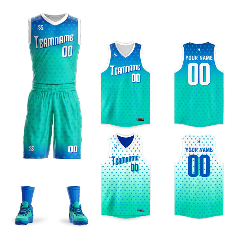 Custom Blue Green Double Side Sets Personalized Basketball Jersey